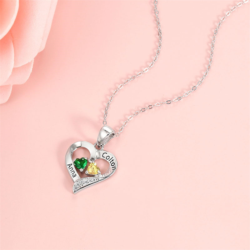 10K 14K 18K Gold Personalized 2 Birthstone Engravd Heart Pendant Necklace