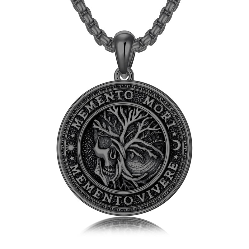 Sterling Silver Memento Mori Gothic Skull Amulet Pendant Necklace for Men