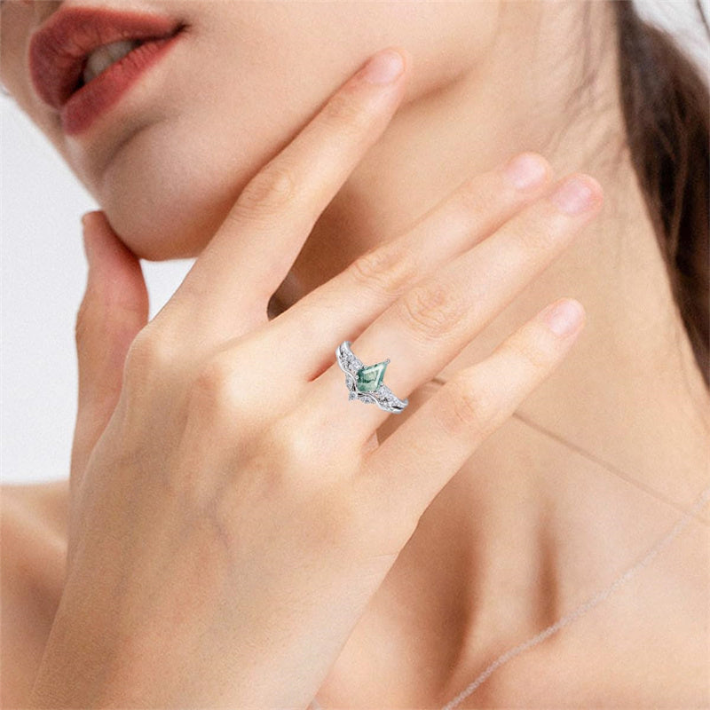 Sterling Silver Pear Kite Round Oval Cut Natural Moss Agate Leaf Engagement Wedding Promise Ring Set