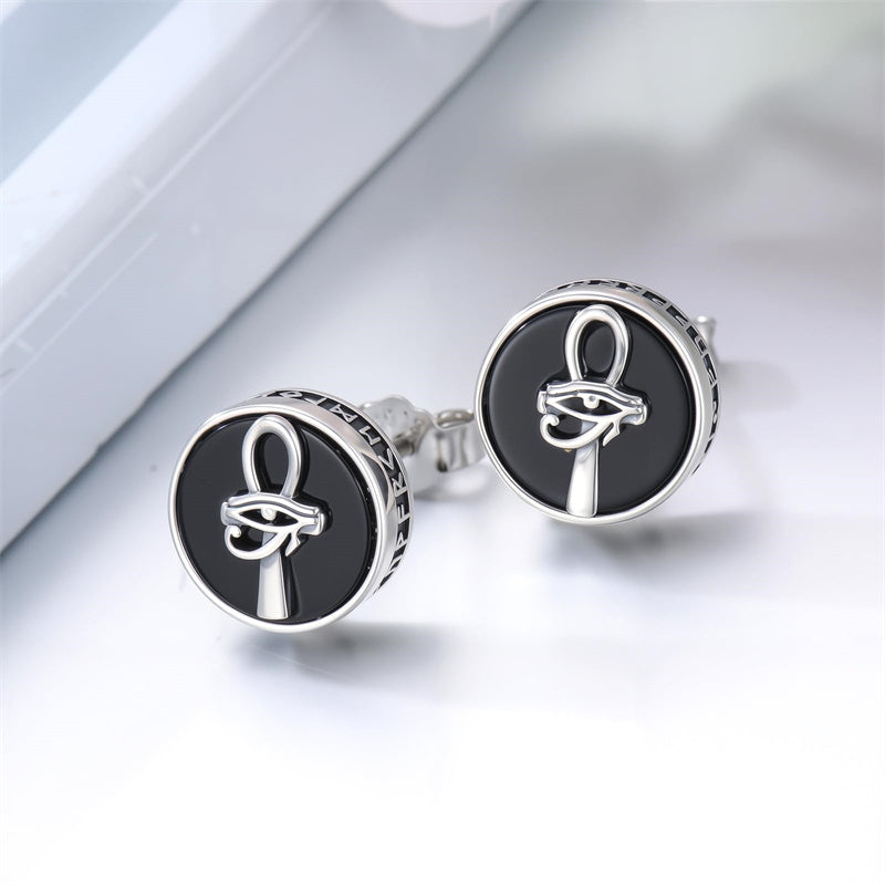 Sterling Silver Black Onyx Tree of Life Ankh Cross Skull Valknu Viking Stud Earrings