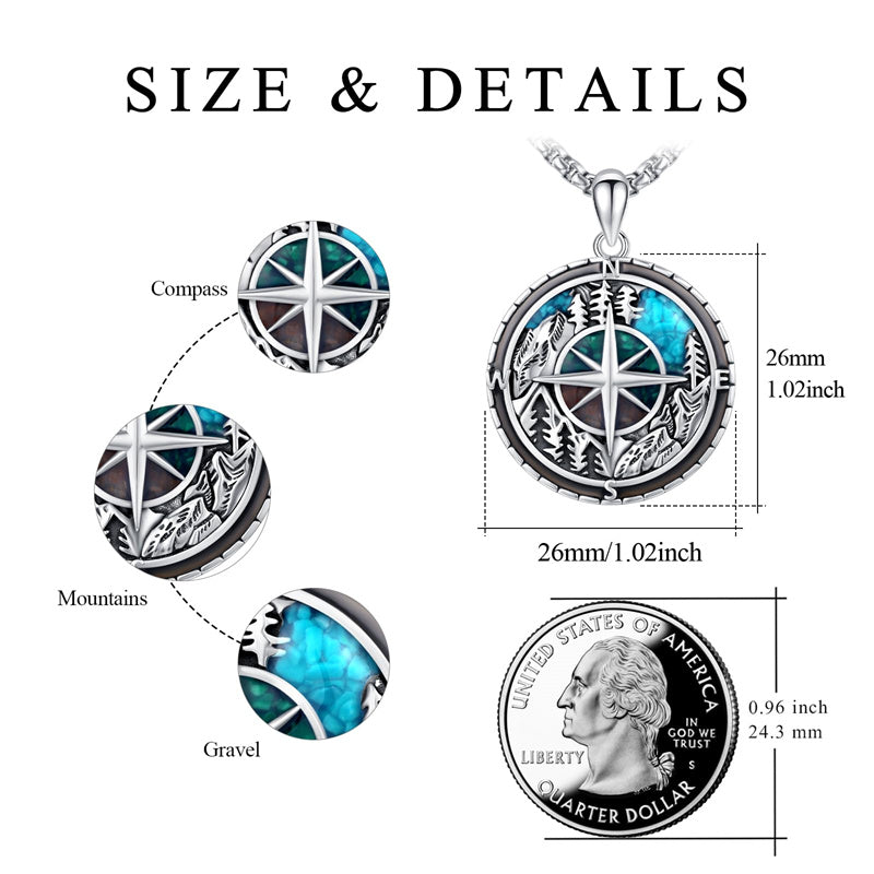 Sterling Silver Mountain & Compass Pendant Necklace