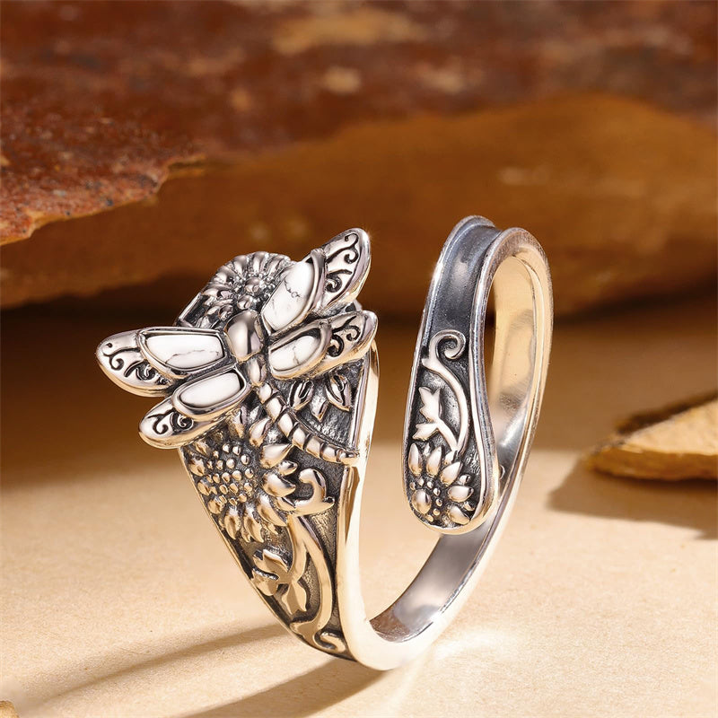 Sterling-Silver White Turquoise Dragonfly Spoon Ring and Dragonfly Sunflower Dangle Earrings