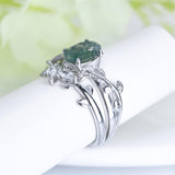 Sterling Silver Pear Kite Round Oval Cut Natural Moss Agate Leaf Engagement Wedding Promise Ring Set