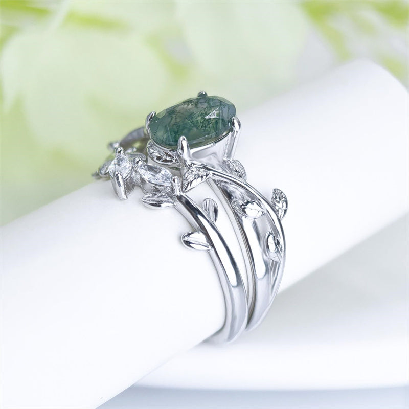 Sterling Silver Pear Kite Round Oval Cut Natural Moss Agate Leaf Engagement Wedding Promise Ring Set