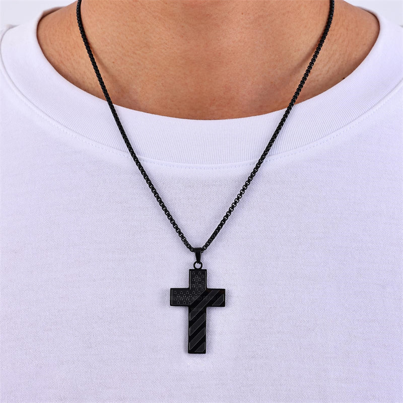 Stainless Steel Inspirational Bible Verse American Flag Cross Pendant Necklace