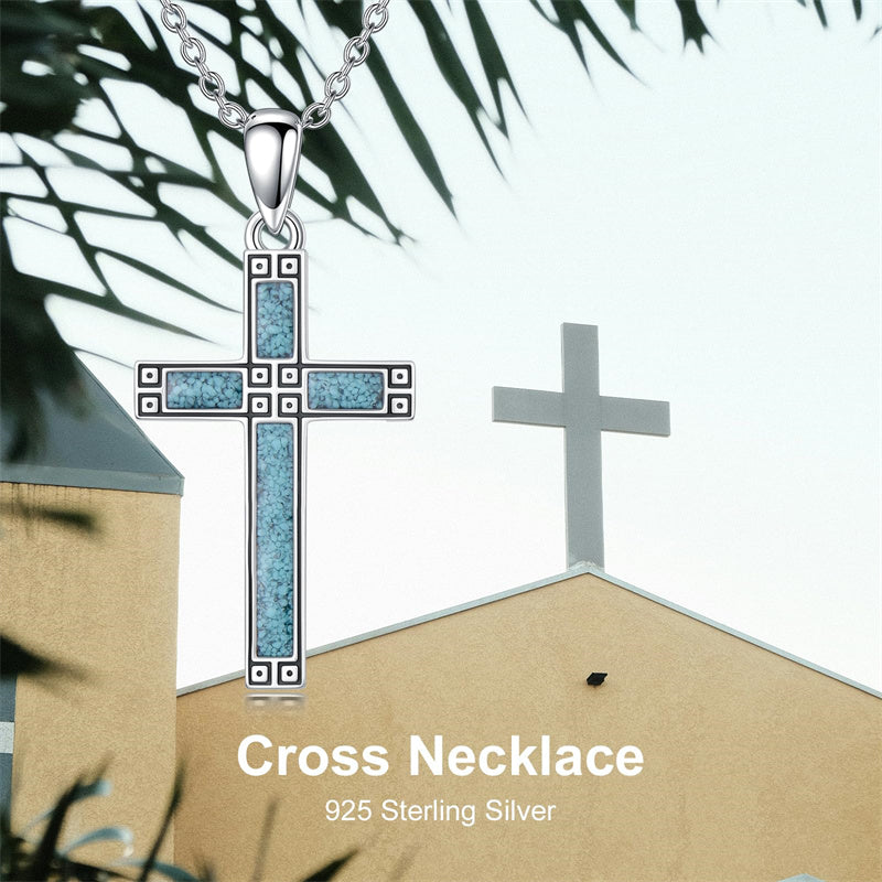 Sterling Silver Turquoise Obsidian Opal Necklace Christian Cross Pendant Necklace