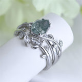 Sterling Silver Pear Kite Round Oval Cut Natural Moss Agate Leaf Engagement Wedding Promise Ring Set