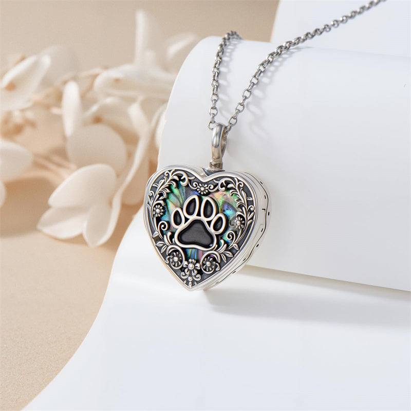 Sterling Silver Abalone Shell Personalized Photo Engraved Heart Cat Pigeon Paw Prints Urn Necklace for Ashes