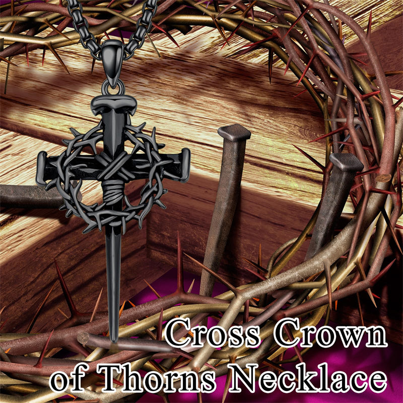 Sterling Silver Crown of Thorn Three Nail Cross Pendant Necklace