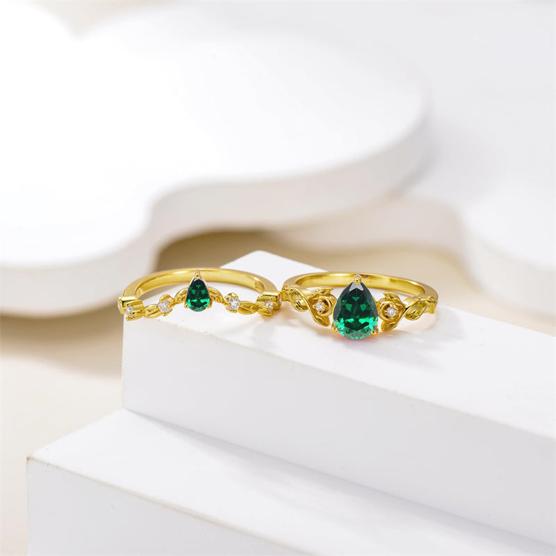 Sterling Silver 10K 14K 18K Gold Pear Cut Gemstone Leaf  Engagement Ring Set