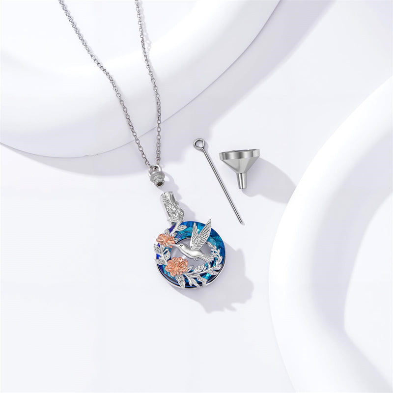 Sterling Silver Crystal Hummingbird Urn Necklace for Ashes