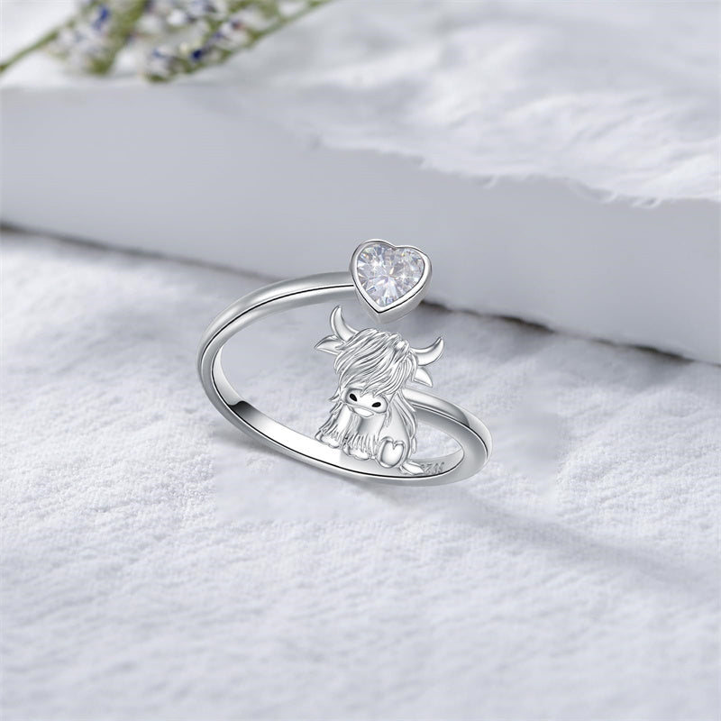 10K 14K 18K Solid Gold Personalized Birthstone Highland Cow Animal Ring