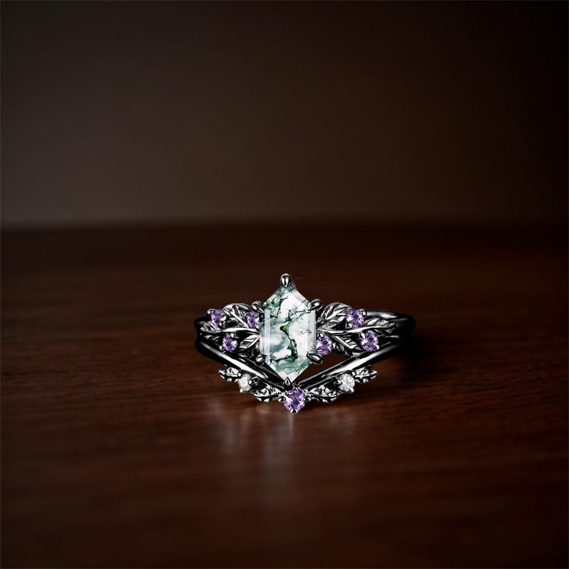 Sterling Silver 10K 14K 18K Long Hexagon Leaf Unique Vine Moss Agate Engagement Wedding Anniversary Ring Set
