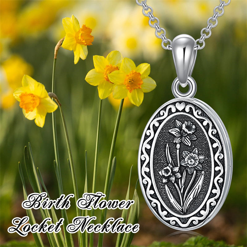Sterling Silver Personalized Photo 12 Month Birth Flower Pendant Necklace