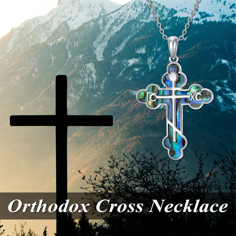 Sterling Silver  Abalone Shell Eastern Orthodox Cross Religious Pendant Necklace