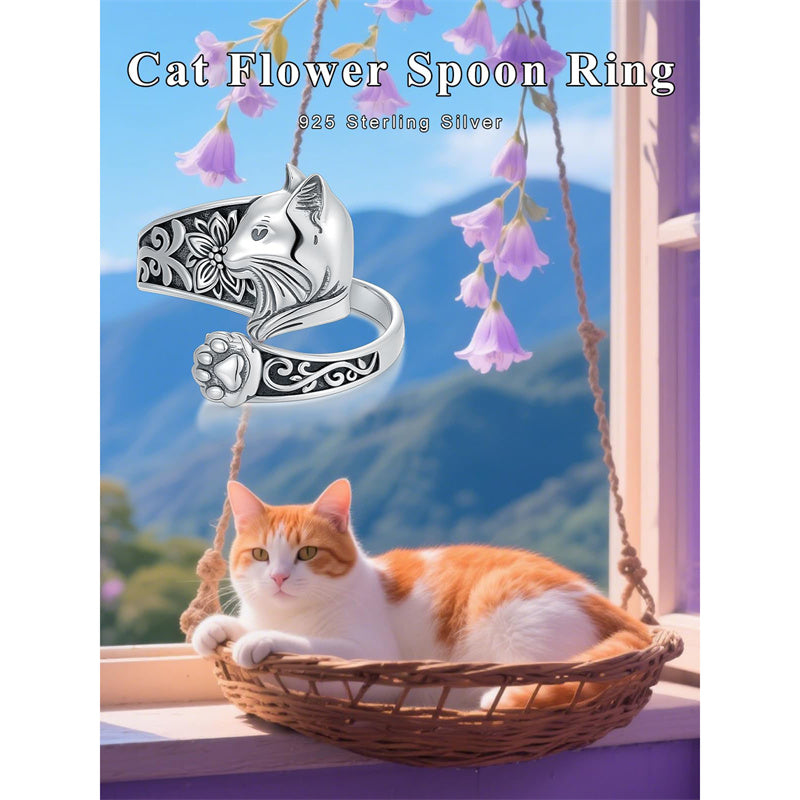 Sterling Silver Cat Adjustable Spoon Ring for Women