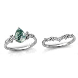 Sterling Silver Heart Moss Agate Set Engagement Wedding Ring