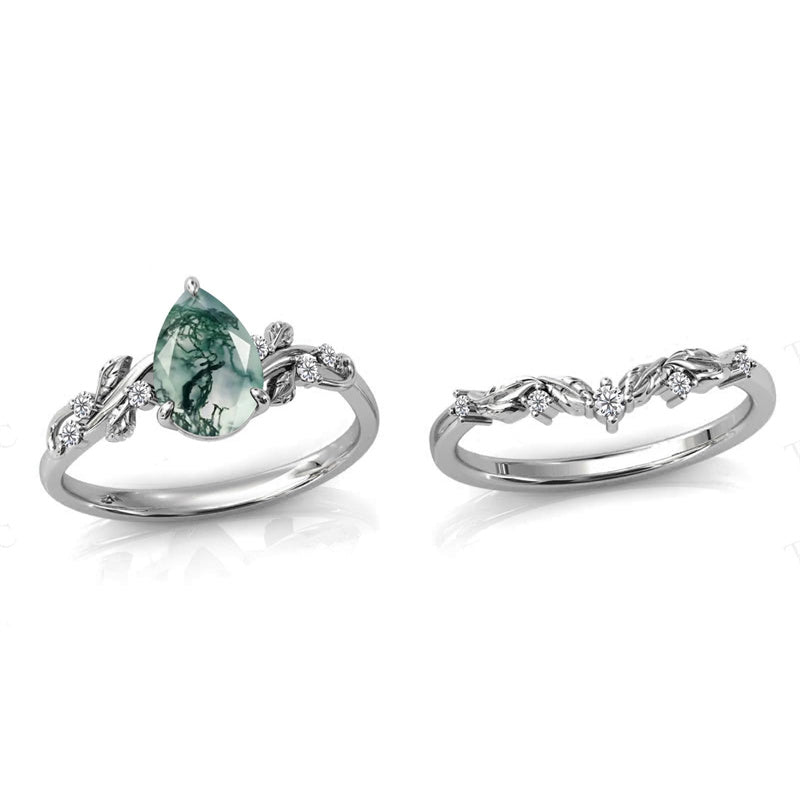 Sterling Silver Heart Moss Agate Set Engagement Wedding Ring