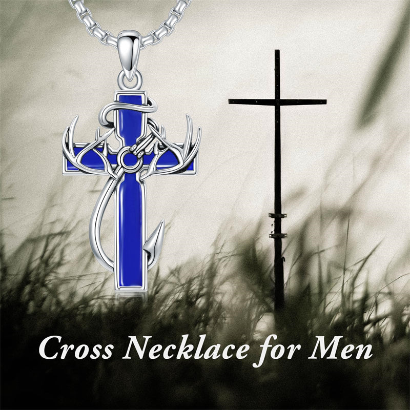 Sterling Silver Fish Hook Cross Pendant Necklace for Men