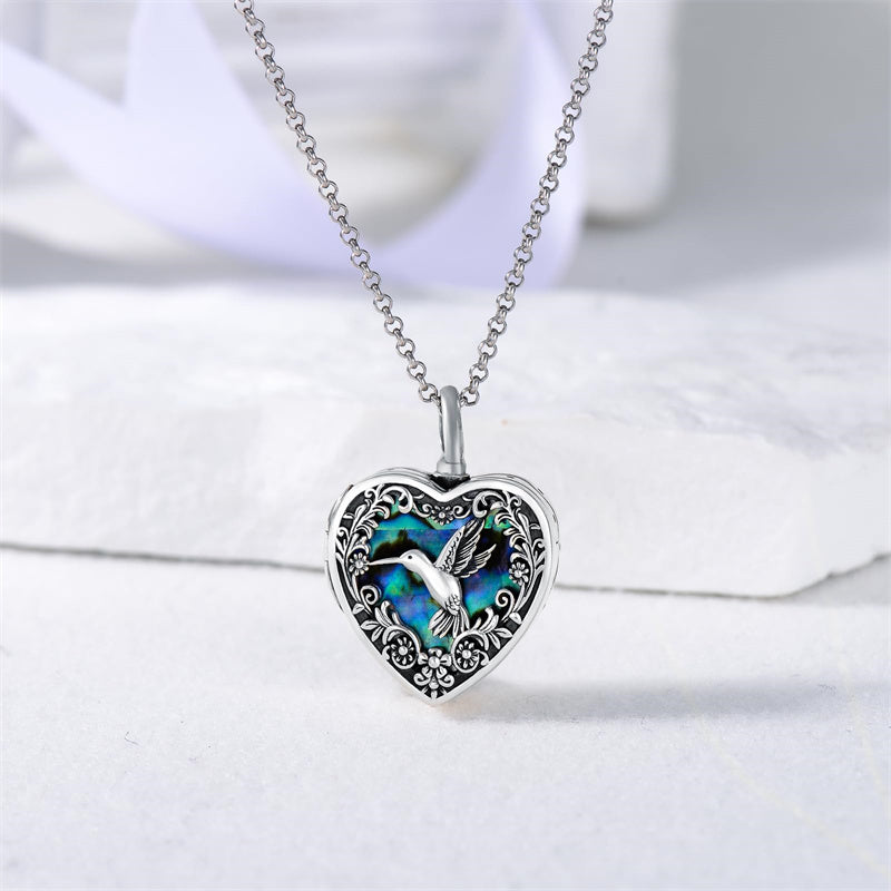 Sterling Silver Abalone Shell Heart Hummingbird Urn Locket Necklace for Ashes Custom Photo Necklace
