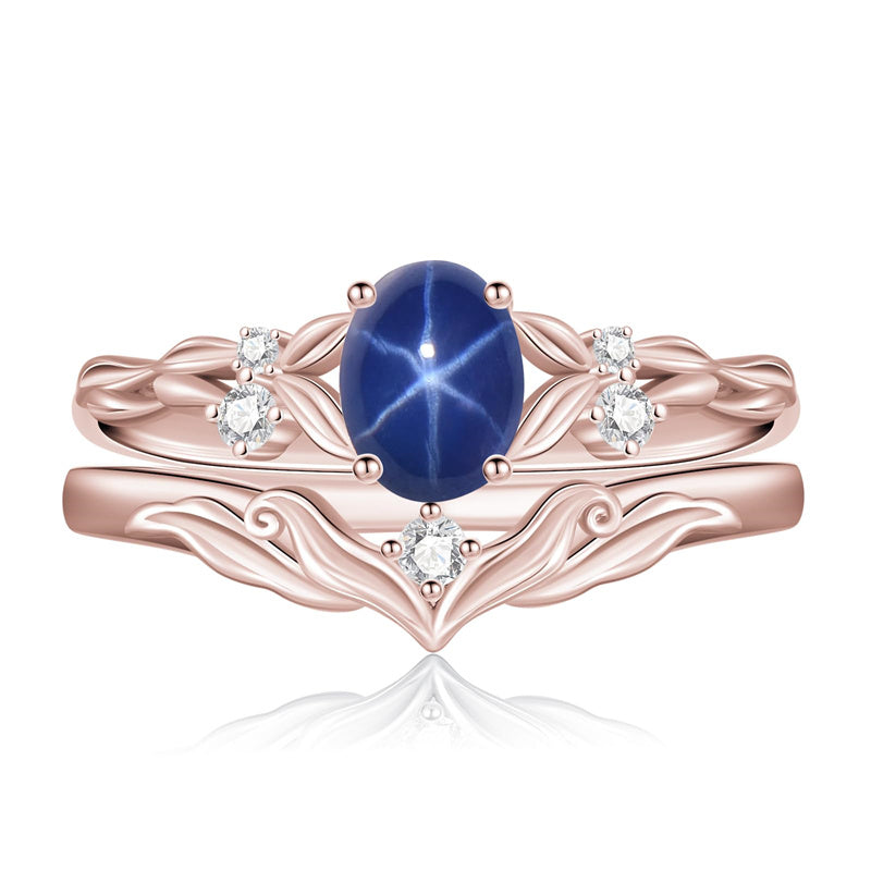 Sterling Silver 10K 14K 18K Gold  Oval Cut Unique Vine Gemstone Wedding Ring Set