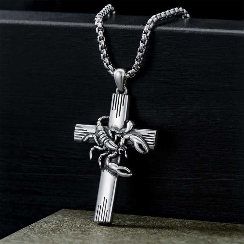 Sterling Silver Scorpion Cross Pendant Necklace for Men