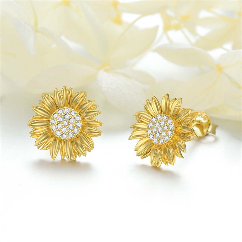 14K Yellow Gold Sunflower  Stud Earrings