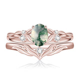 Sterling Silver 10K 14K 18K Gold  Oval Cut Unique Vine Gemstone Wedding Ring Set