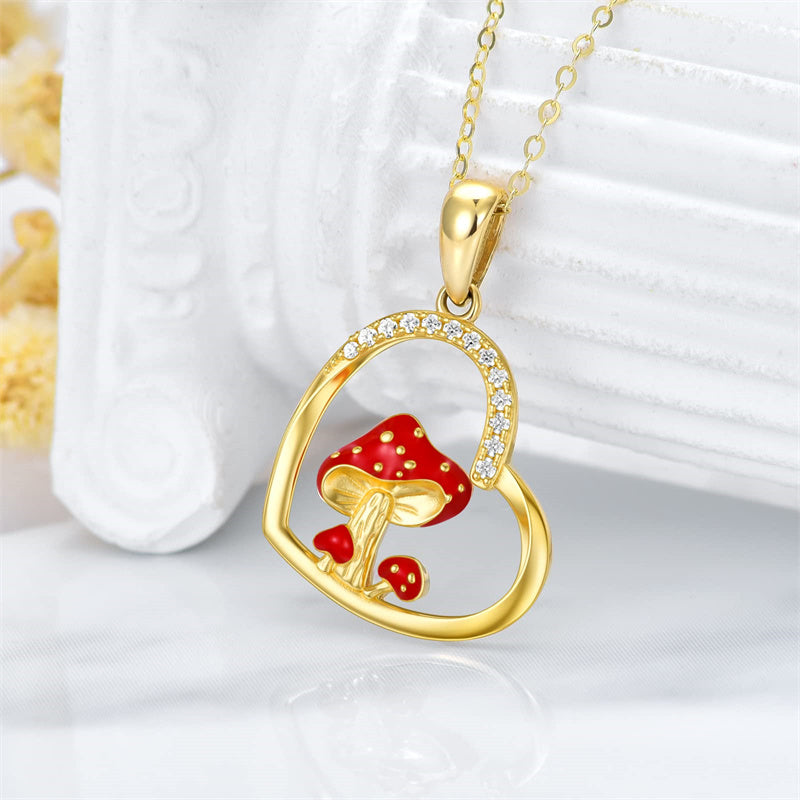 14K Gold 5A Cubic Zirconia Mushroom Pendant Necklace