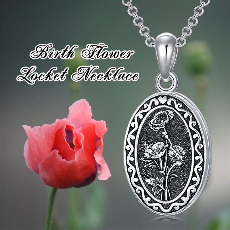 Sterling Silver Personalized Photo 12 Month Birth Flower Pendant Necklace