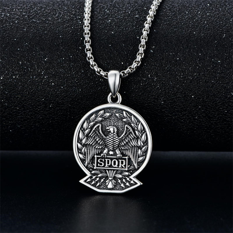 Sterling Silver Eagle SPQR Pendant Necklace for Men