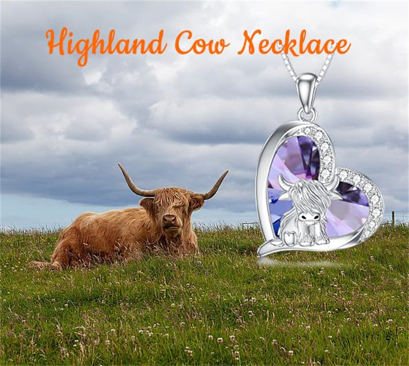 Sterling Silver Heart Crystal Highland Cow Pendant Necklace
