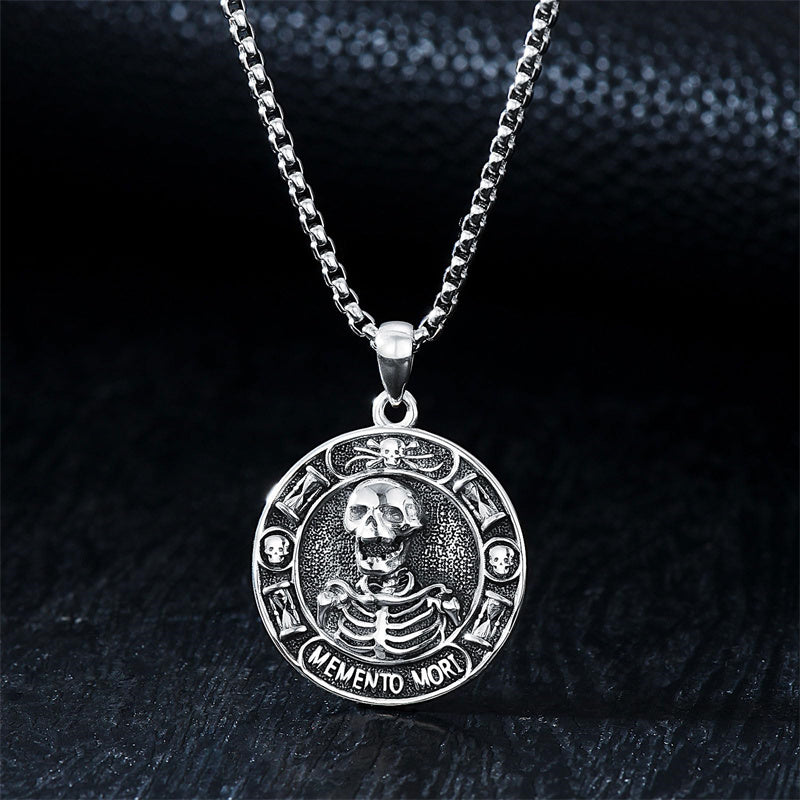 Sterling Silver Memento Mori Skull Pendant Necklace