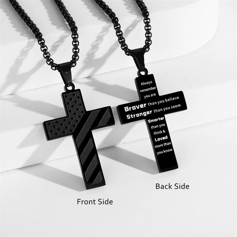 Stainless Steel Inspirational Bible Verse American Flag Pendant Necklace for Men