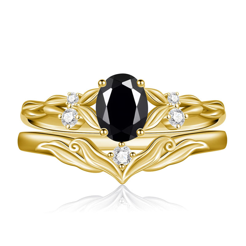 Sterling Silver 10K 14K 18K Gold  Oval Cut Unique Vine Gemstone Wedding Ring Set