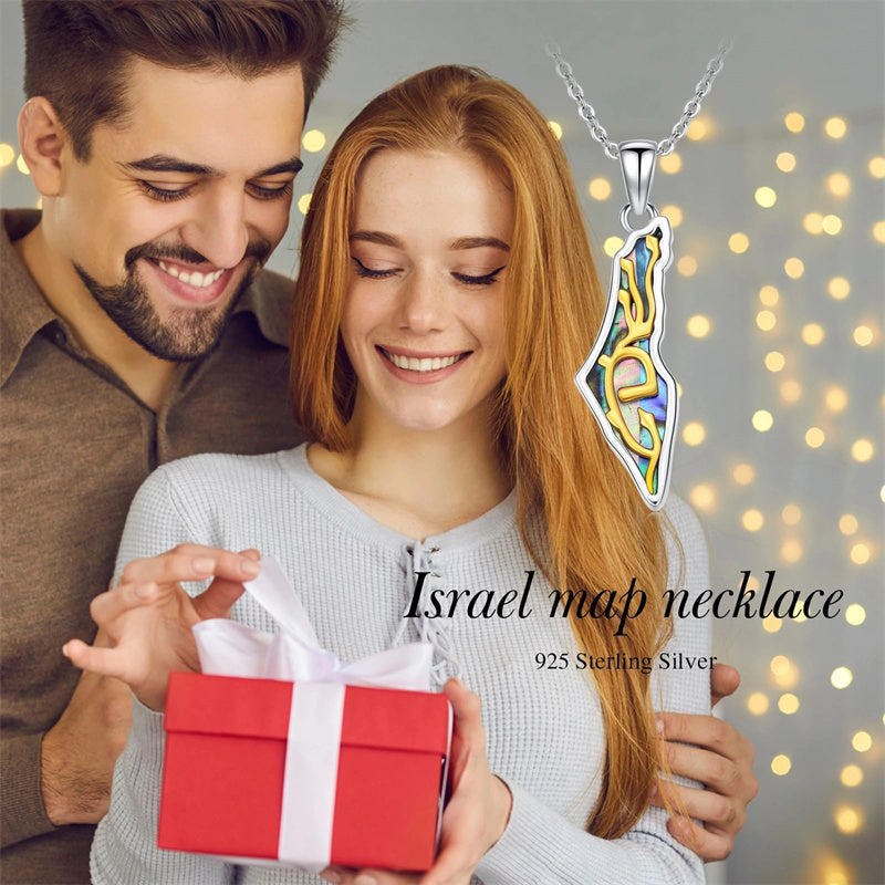 Sterling Silver Abalone Israel Map Pendant Necklace