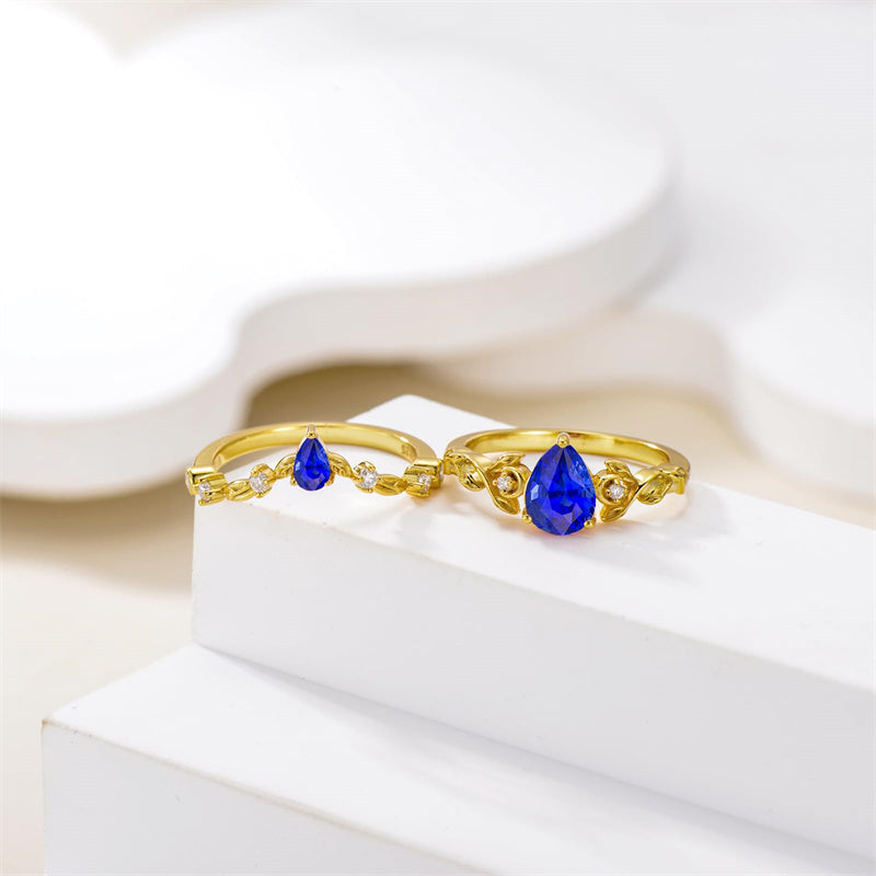 Sterling Silver 10K 14K 18K Gold Pear Cut Gemstone Leaf  Engagement Ring Set