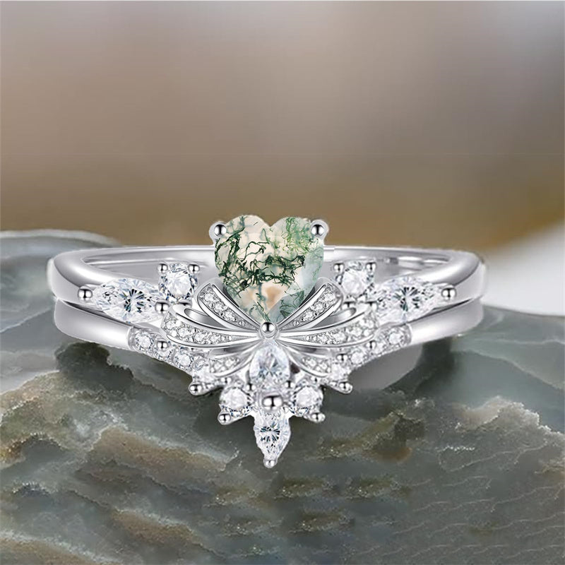 Sterling Silver Heart Natural Moss Agate Engagement Wedding Promise Ring  for Women
