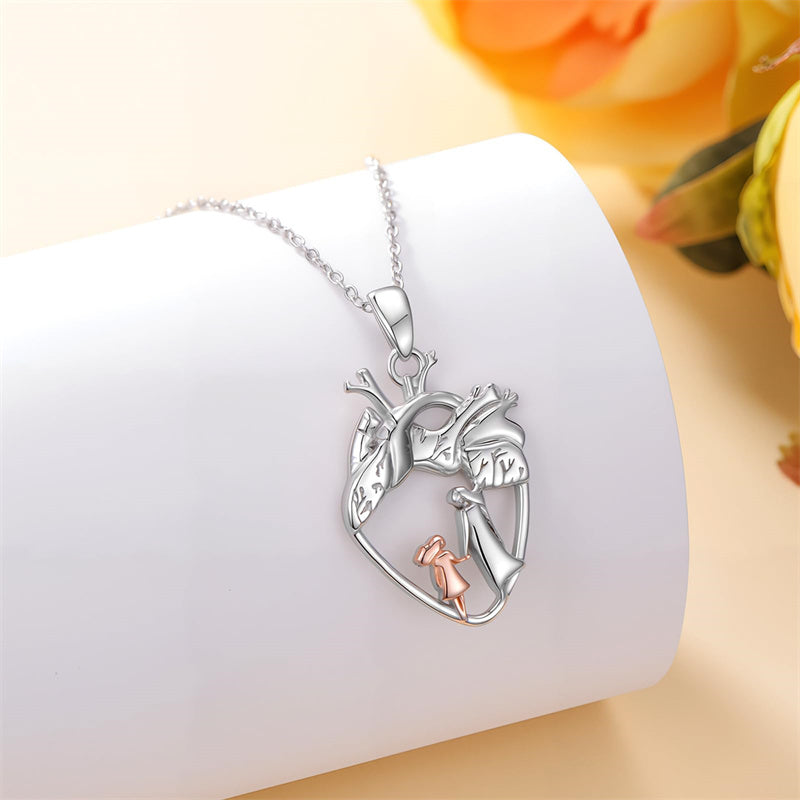 Sterling Silver Anatomical Heart Father Mother Daughter Sister Mother Daughter Pendant Necklace