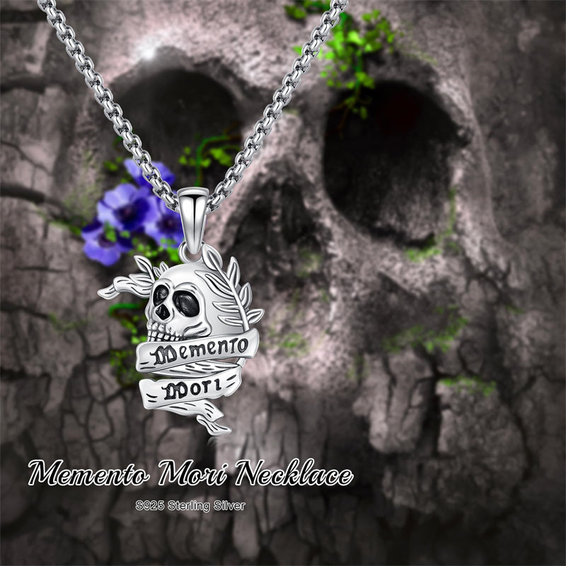 Sterling Silver Memento Mori Gothic Skull Amulet Pendant Necklace for Men