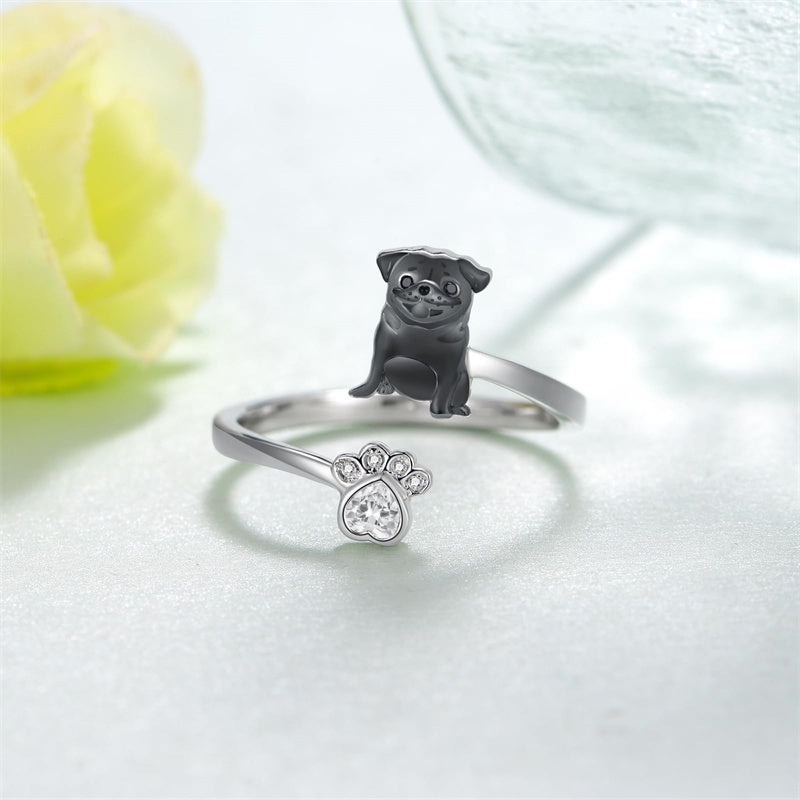 Sterling Silver Black Pug Doberman Boston Terrier Beagle Adjustable Ring