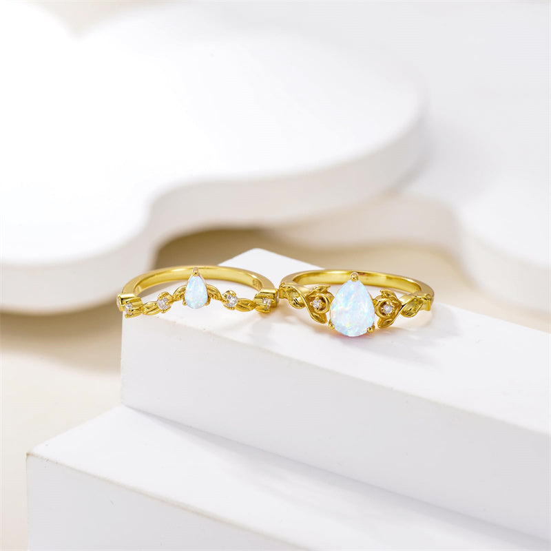 Sterling Silver 10K 14K 18K Gold Pear Cut Gemstone Leaf  Engagement Ring Set