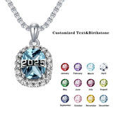 Sterling Silver Oval Personalized Text and Birthstone Class Pendant Necklace Graduation Jewelry