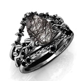 Sterling Silver 10K 14K 18K Personalized Engraved 2CT Natural Black Rutilated Quartz Engagement Ring Set
