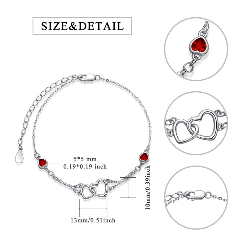 Sterling Silver Double Heart Birthstone Single Layer Anklet