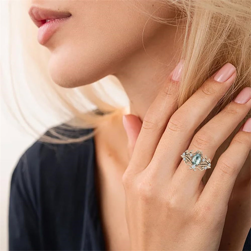 Sterling Silver Personalized  Engraved Pear Cut Moss Agate Engagement Wedding Ring Set for Women