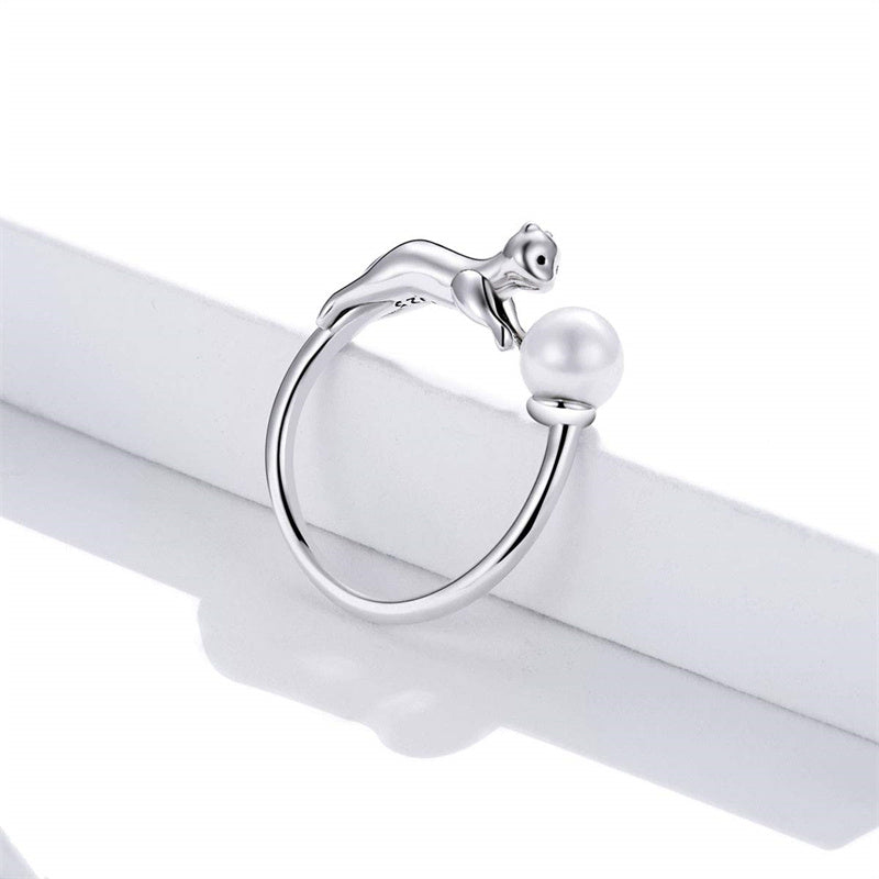 Sterling Silver Cute Cat Adjustable Ring for Women