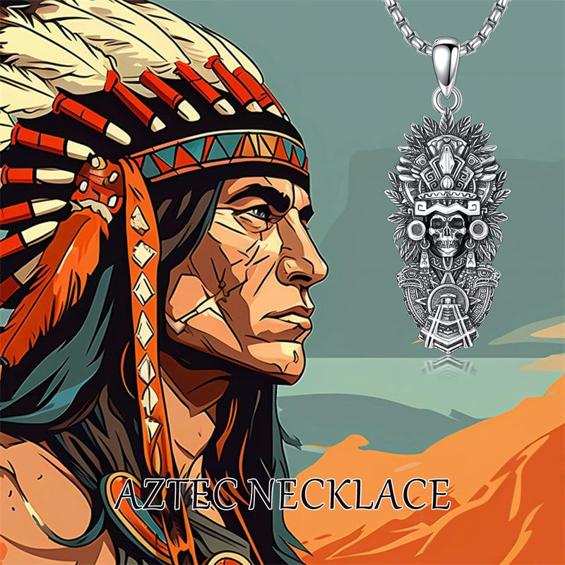 Sterling Silver Mictlantecuhtli Quetzalcoatl Tezcatlipoca Skull Pendant Necklace Aztec Jewelry For Men