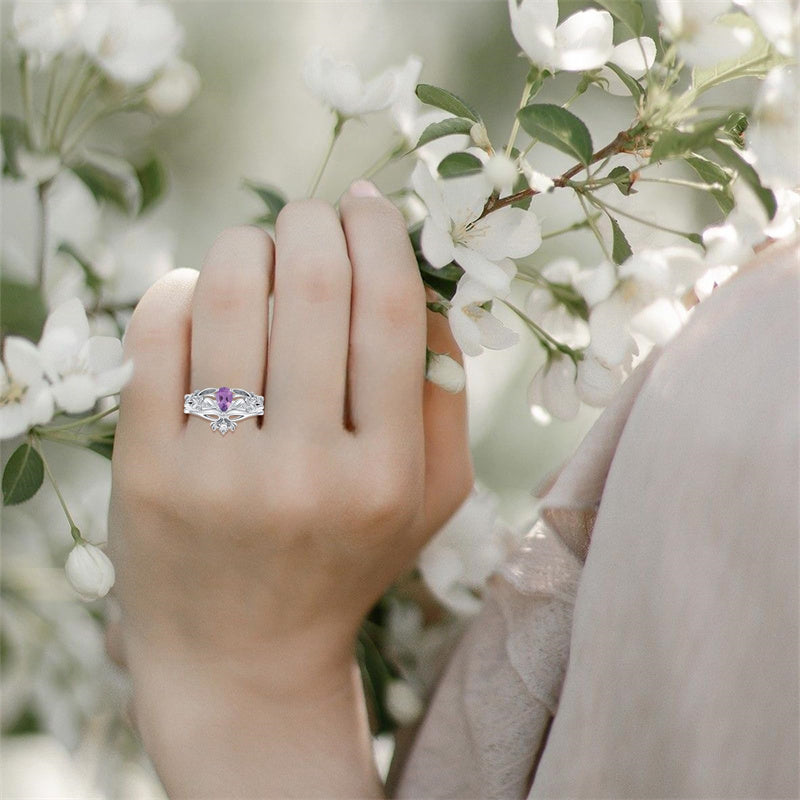 Sterling Silver Pear Shaped Gemstone Engagement Rings Set for Women