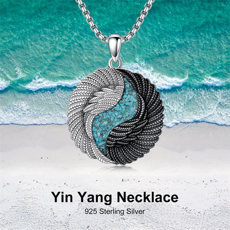 Sterling Silver Turquoise Obsidian Opal Tiger's Eye Yin Yang Angel Wings Pendant Necklace